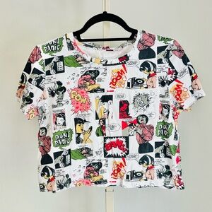 3 FOR $12 Comic Strip Print Short Sleevef Crop Top in White
